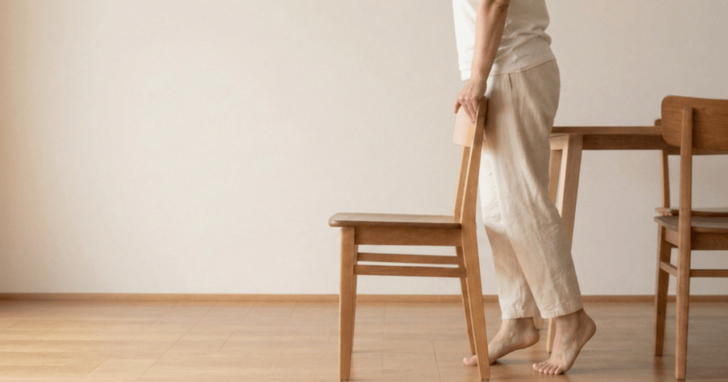 キッチンで踵落とし運動を行う50代女性。骨密度ケアのための踵を上げ下げするエクササイズ